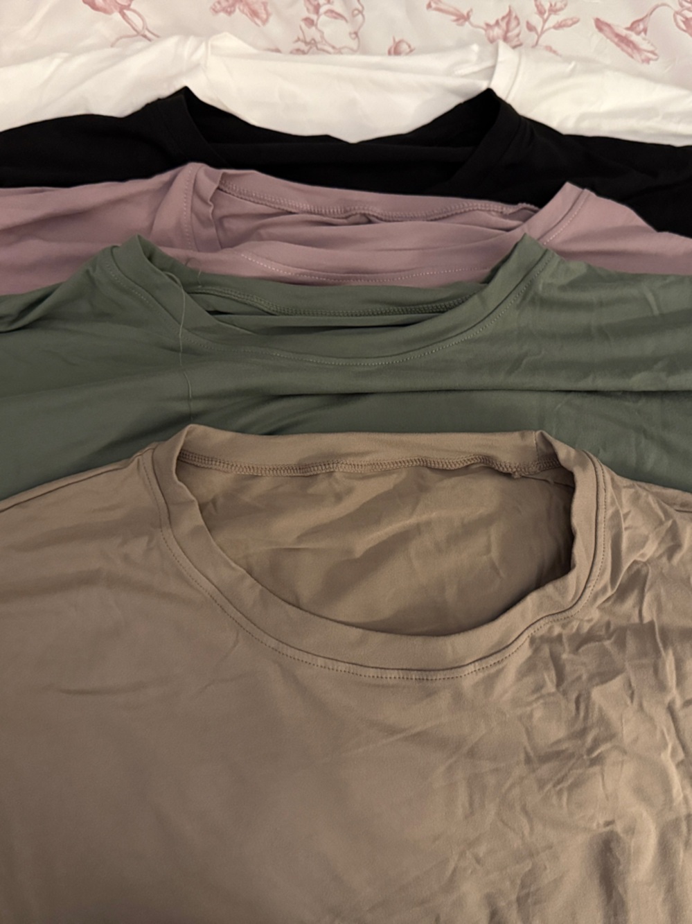 Everyday Short Sleeve Scoop Tee in Taupe, Olive, Mauve, Black, and White